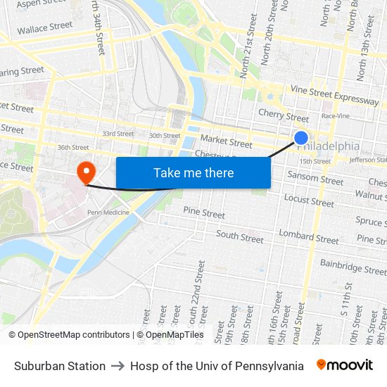 Suburban Station to Hosp of the Univ of Pennsylvania map