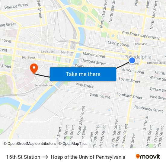 15th St Station to Hosp of the Univ of Pennsylvania map