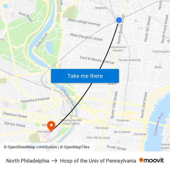 North Philadelphia to Hosp of the Univ of Pennsylvania map