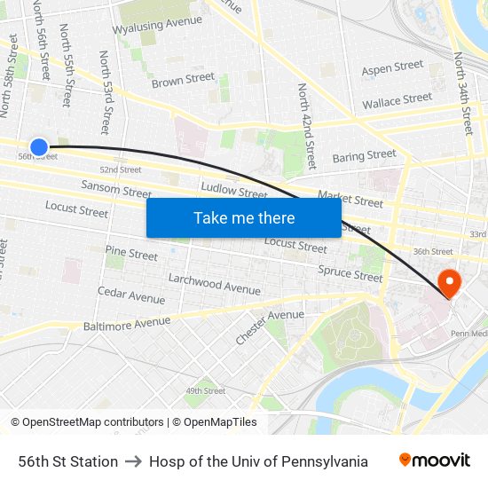 56th St Station to Hosp of the Univ of Pennsylvania map