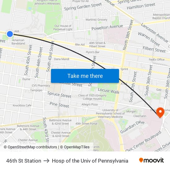 46th St Station to Hosp of the Univ of Pennsylvania map