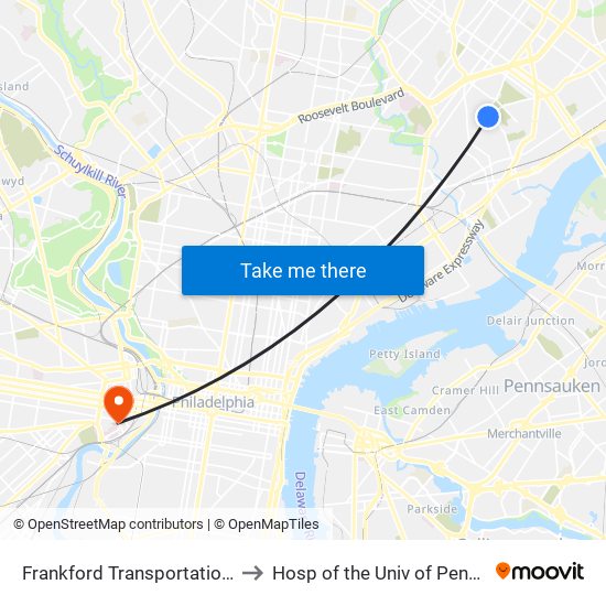 Frankford Transportation Center to Hosp of the Univ of Pennsylvania map