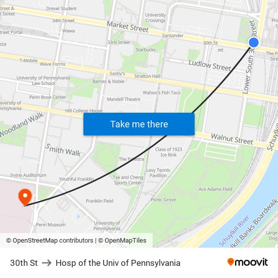 30th St to Hosp of the Univ of Pennsylvania map