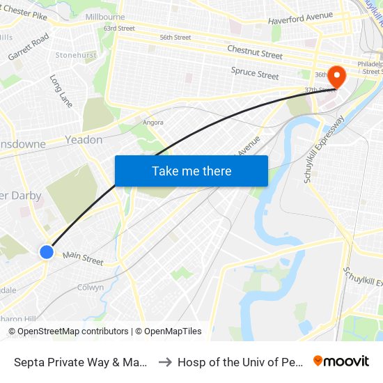 Septa Private Way & Macdade Blvd to Hosp of the Univ of Pennsylvania map