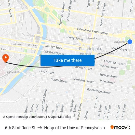 6th St at Race St to Hosp of the Univ of Pennsylvania map