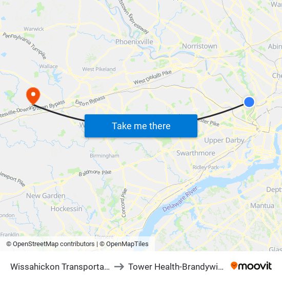 Wissahickon Transportation Center to Tower Health-Brandywine Hospital map