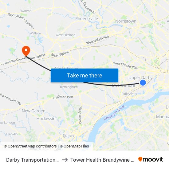 Darby Transportation Center to Tower Health-Brandywine Hospital map