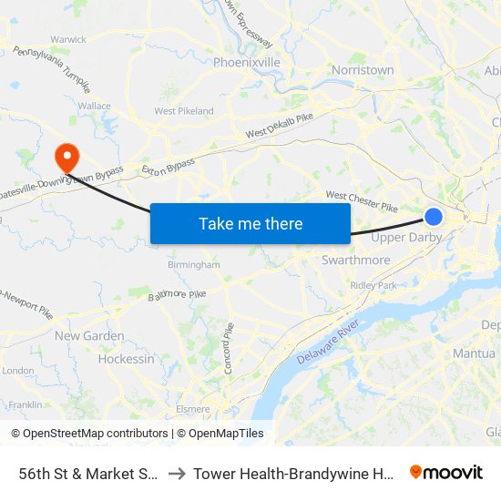56th St & Market St - Fs to Tower Health-Brandywine Hospital map