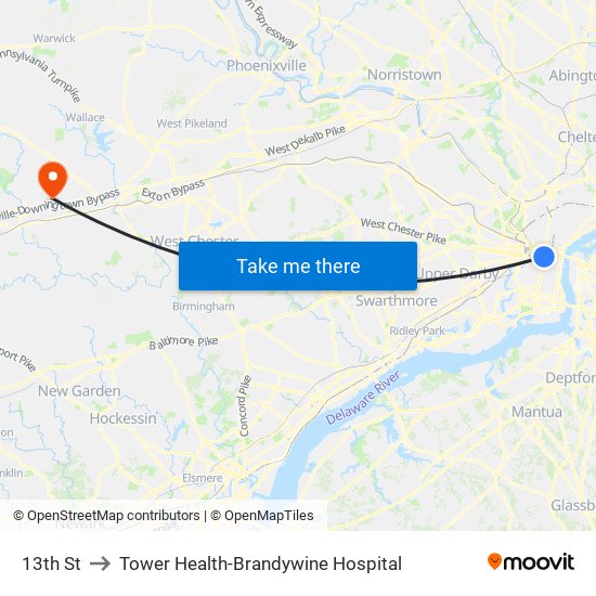 13th St to Tower Health-Brandywine Hospital map