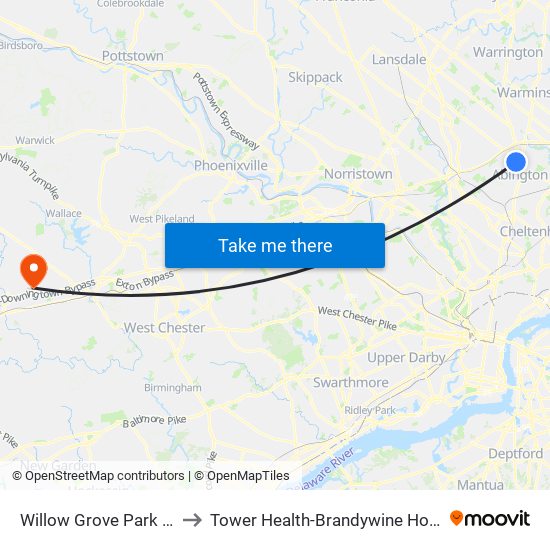 Willow Grove Park Mall to Tower Health-Brandywine Hospital map