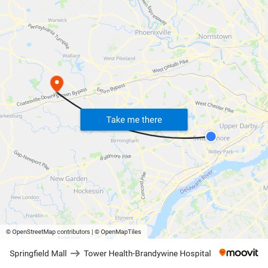 Springfield Mall to Tower Health-Brandywine Hospital map