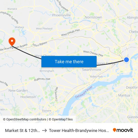 Market St & 12th St to Tower Health-Brandywine Hospital map