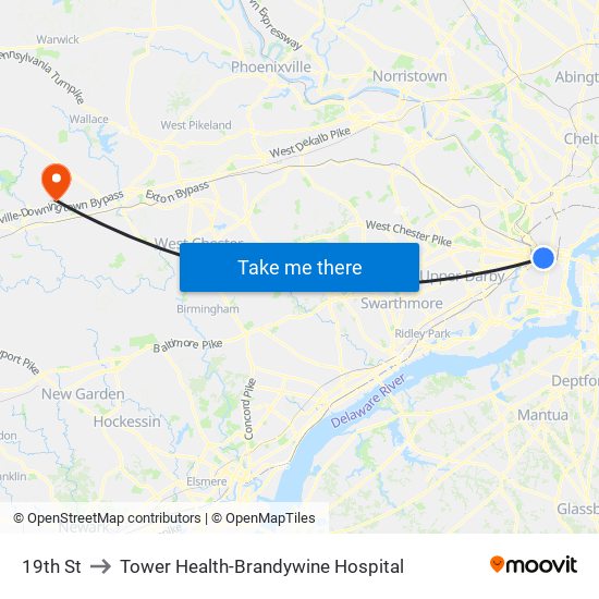 19th St to Tower Health-Brandywine Hospital map