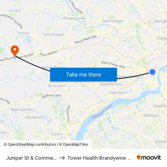 Juniper St & Commerce St to Tower Health-Brandywine Hospital map
