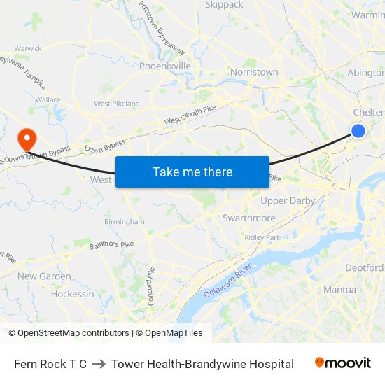 Fern Rock T C to Tower Health-Brandywine Hospital map