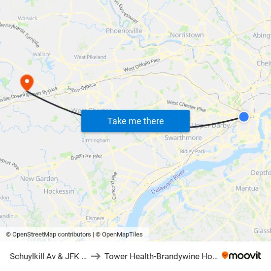 Schuylkill Av & JFK Blvd to Tower Health-Brandywine Hospital map