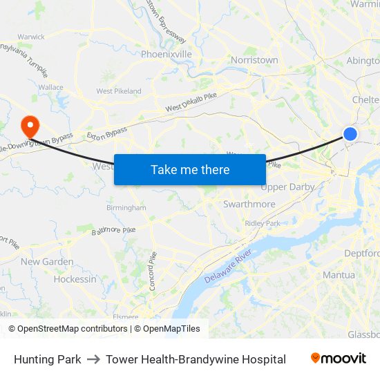 Hunting Park to Tower Health-Brandywine Hospital map