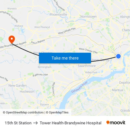 15th St Station to Tower Health-Brandywine Hospital map