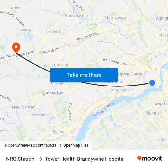 NRG Station to Tower Health-Brandywine Hospital map