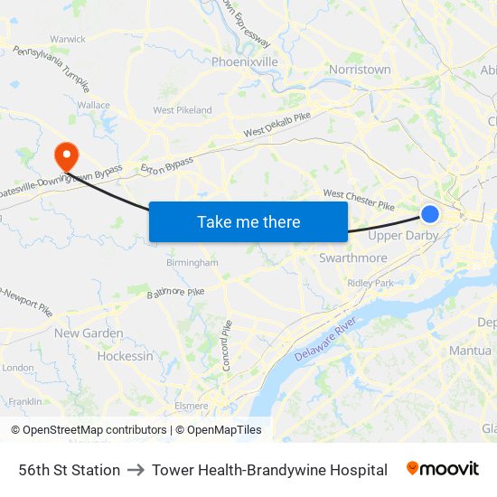 56th St Station to Tower Health-Brandywine Hospital map