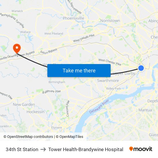 34th St Station to Tower Health-Brandywine Hospital map