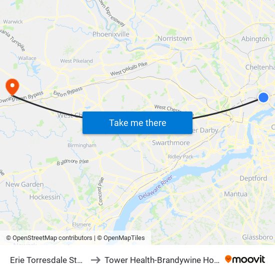 Erie Torresdale Station to Tower Health-Brandywine Hospital map