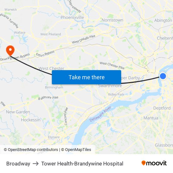 Broadway to Tower Health-Brandywine Hospital map