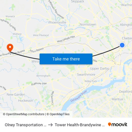 Olney Transportation Center to Tower Health-Brandywine Hospital map