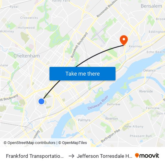 Frankford Transportation Center to Jefferson Torresdale Hospital map