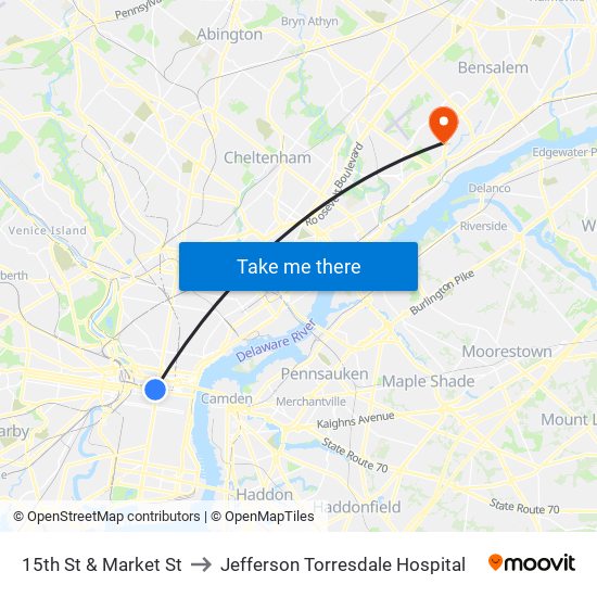 15th St & Market St to Jefferson Torresdale Hospital map