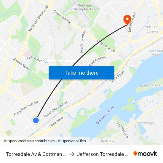 Torresdale Av & Cottman Av Loop to Jefferson Torresdale Hospital map