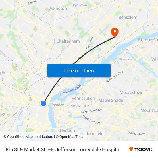 8th St & Market St to Jefferson Torresdale Hospital map