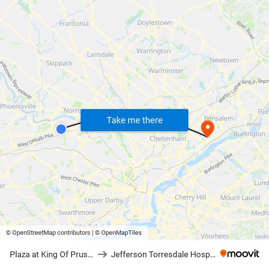 Plaza at King Of Prussia to Jefferson Torresdale Hospital map