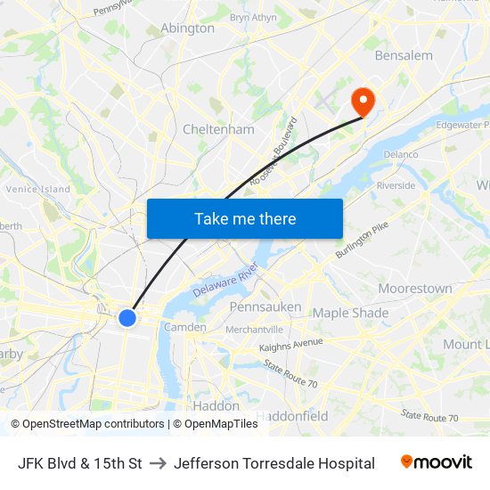 JFK Blvd & 15th St to Jefferson Torresdale Hospital map