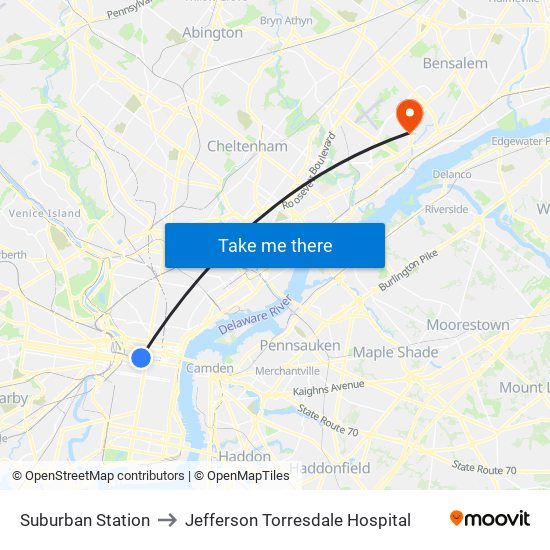 Suburban Station to Jefferson Torresdale Hospital map