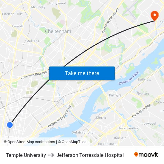 Temple University to Jefferson Torresdale Hospital map