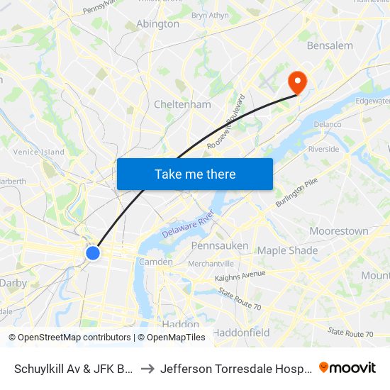 Schuylkill Av & JFK Blvd to Jefferson Torresdale Hospital map