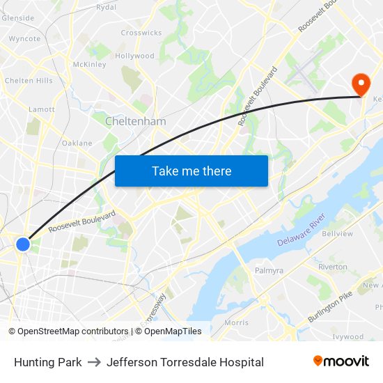 Hunting Park to Jefferson Torresdale Hospital map