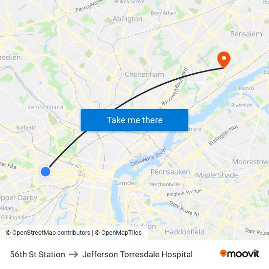 56th St Station to Jefferson Torresdale Hospital map