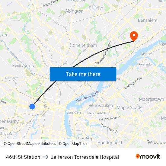 46th St Station to Jefferson Torresdale Hospital map