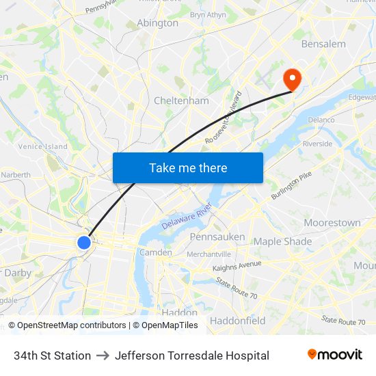 34th St Station to Jefferson Torresdale Hospital map