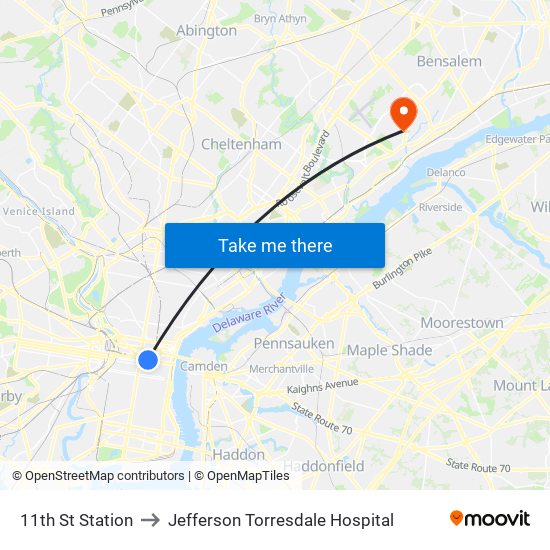 11th St Station to Jefferson Torresdale Hospital map