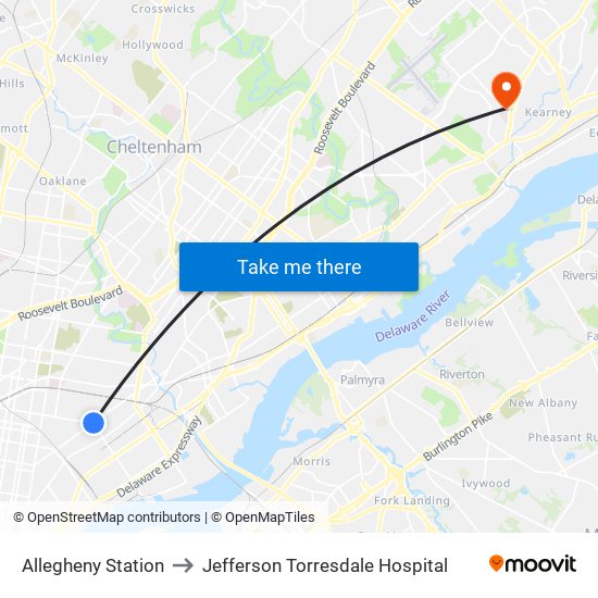 Allegheny Station to Jefferson Torresdale Hospital map