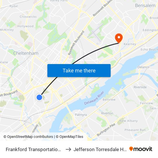 Frankford Transportation Center to Jefferson Torresdale Hospital map