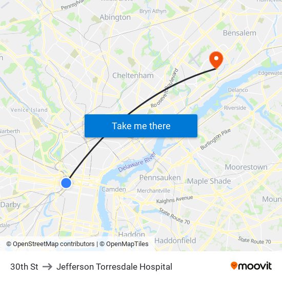 30th St to Jefferson Torresdale Hospital map