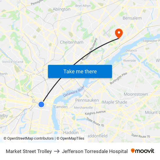 Market Street Trolley to Jefferson Torresdale Hospital map