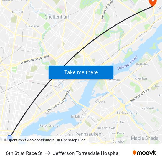 6th St at Race St to Jefferson Torresdale Hospital map