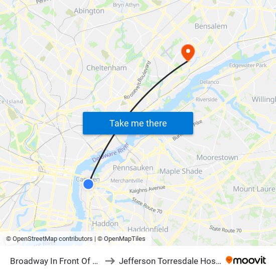 Broadway In Front Of Wrtc to Jefferson Torresdale Hospital map