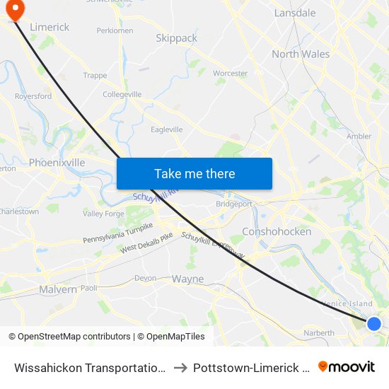 Wissahickon Transportation Center to Pottstown-Limerick Airport map