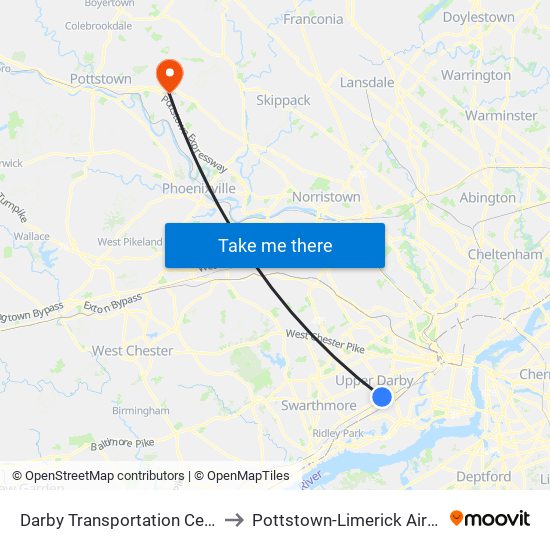 Darby Transportation Center to Pottstown-Limerick Airport map